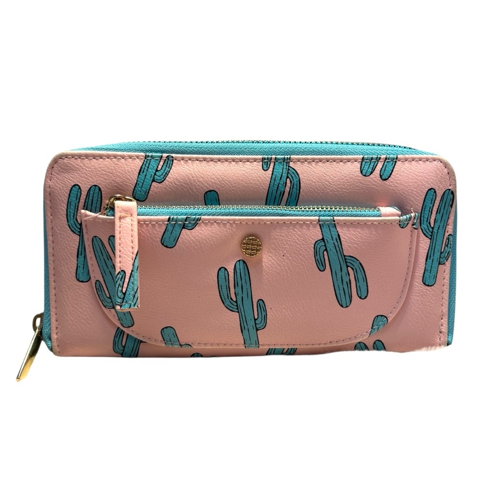 Wallet Pale Pink Teal Cactus Print Gold-tone Hardware Faux Leather Teal Interior
